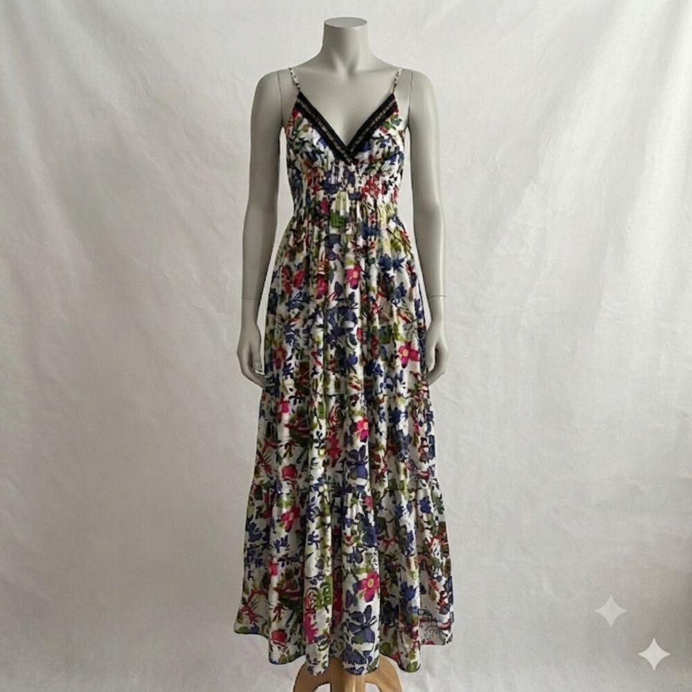 Alberto Makali Cotton Vibrant Floral Flowy Boho Maxi Ruffle Beaded Coastal Mod